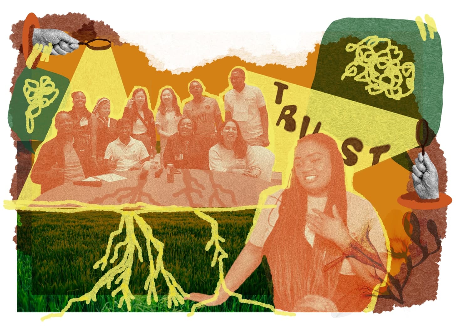 Collage of people gathered around a table, a speaker, magnifying glasses, beams of light and roots connecting them.