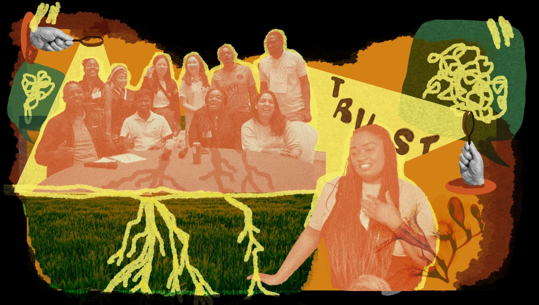 Collage of people gathered around a table, a speaker, magnifying glasses, beams of light and roots connecting them.